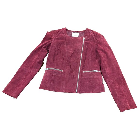 Mango MNG Suede Leather Moto Jacket Full Zip US XS silver hardware Maroon Red - Picture 1 of 8